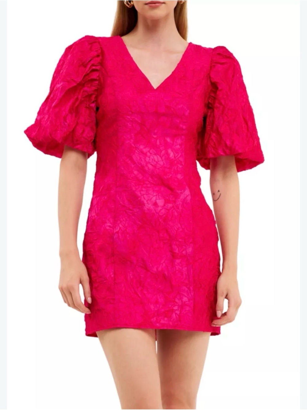Puff Sleeve V-Neck Mini Dress in Bright Pink Endless roses